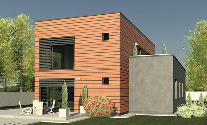 Drewniana elewacja domu piętrowego, projekt nowoczesny, 5 sypialni